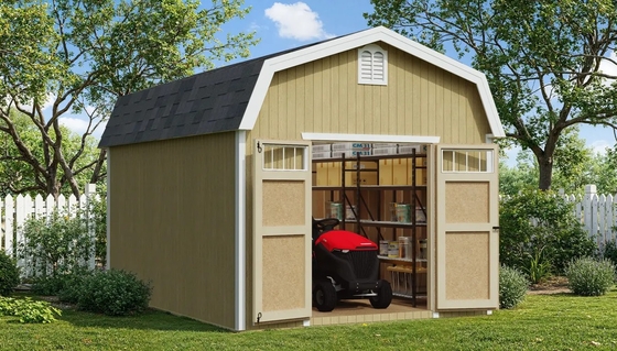 Little Cottage Colonial Woodbury Shed fully assembled in a backyard, showcasing its classic design and spacious outdoor storage.