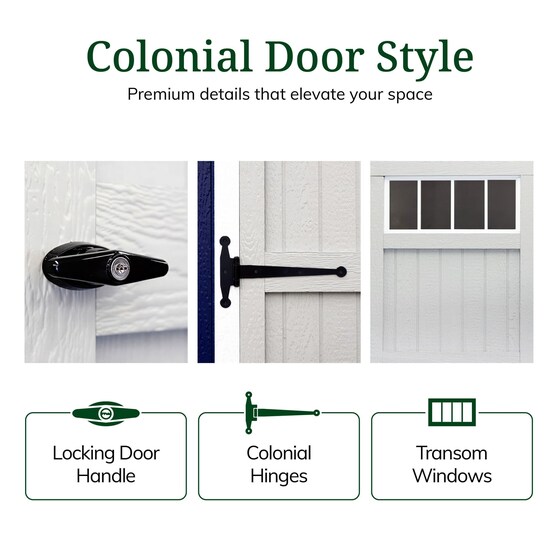 Factory-assembled double doors with a locking handle, colonial hinges, and transom windows for easy access and added style.