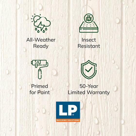 All-weather LP SmartSide siding resists insects, comes primed for paint, and includes a 50-year limited warranty.