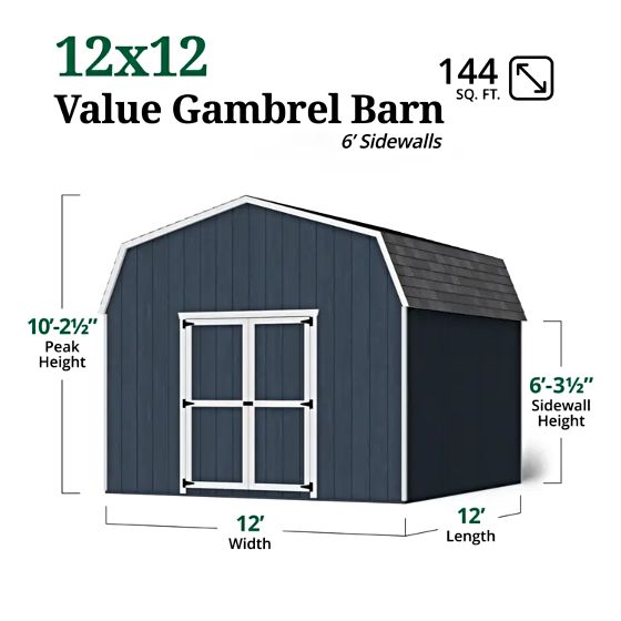 Little Cottage Co. 12x12 Value Gambrel Barn w/ 6' Sidewall Measurements