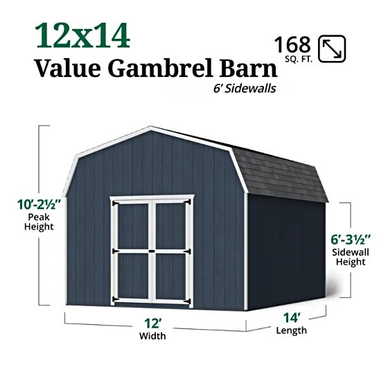 Little Cottage Co. 12x14 Value Gambrel Barn w/ 6' Sidewall Measurements