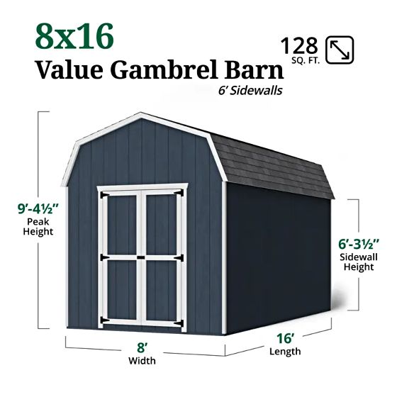 Little Cottage Co. 8x16 Value Gambrel Barn w/ 6' Sidewall Measurements