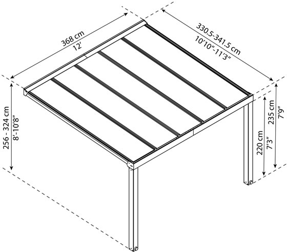 Palram Stockholm 11x12 Aluminum Patio Cover Kit Measurements Diagram