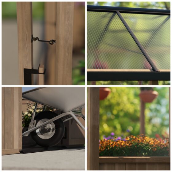 Durable polycarbonate panels let in sunlight while blocking UV rays. Low-threshold entry allows easy access, with a secure door hook for safety.