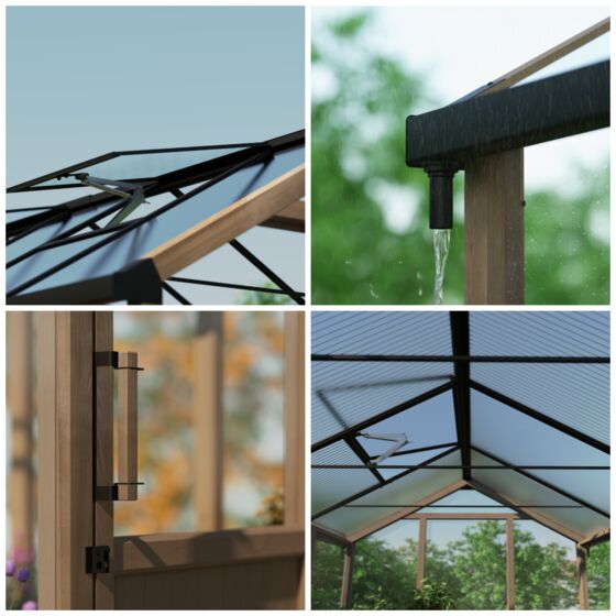 Automatic roof vents keep airflow optimal, aluminum frame adds strength, built-in gutters collect rain, and a door handle ensures easy access.