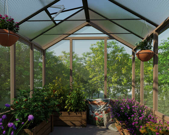 The Natura Cedar Greenhouse features a bright, airy interior with UV-protected polycarbonate panels.