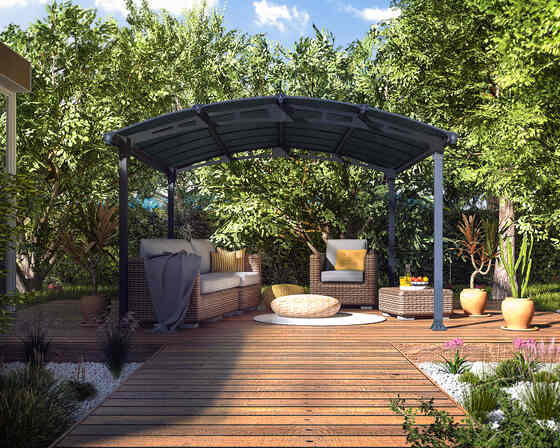 Sleek curved-roof gazebo for stylish, shaded outdoor living.