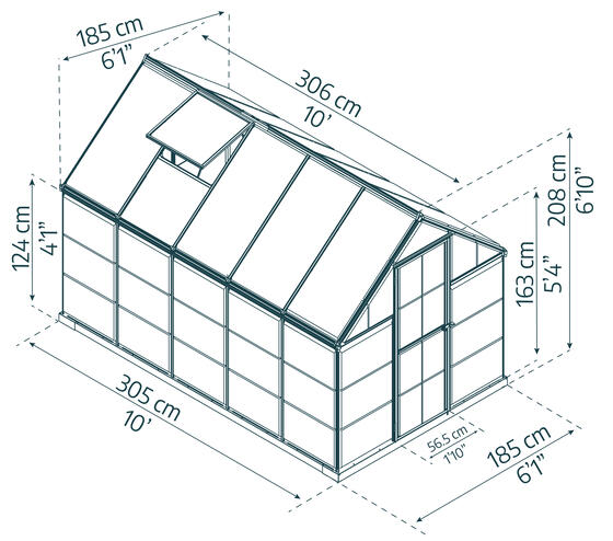 Palram 6 x 10 Nature Hybrid Greenhouse Kit - Dimensions.