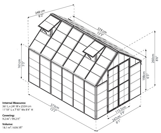 Palram - Canopia 8x12 Snap & Grow Greenhouse Kit Measurements