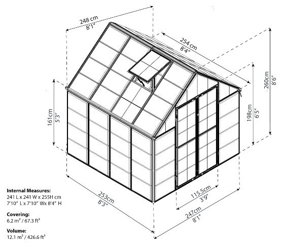 Palram - Canopia 8x8 Snap & Grow Greenhouse Kit Measurements