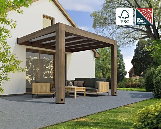 The Palram-Canopia Helsinki Patio Cover is designed for both functionality and durability. It features Solar Control polycarbonate panels with Sun-Control-HeatBlock-FSC technology, blocking harmful UV rays, reducing heat, and keeping out rain and dew. The sturdy construction ensure it stands strong year-round, providing protection from wind, snow, and hail while enhancing the beauty of your outdoor space.