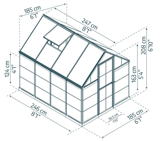 Palram 6 x 8 Nature Hybrid Greenhouse Kit - Dimensions.