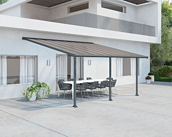 Made of high impact, shatter-resistant and virtually unbreakable Polycarbonate roof panels and rust resistant, powder coated frame that is made of heavy duty aluminum and laser cut galvanized steel connectors, this patio cover protects your Patio and entrance from inclement weather!