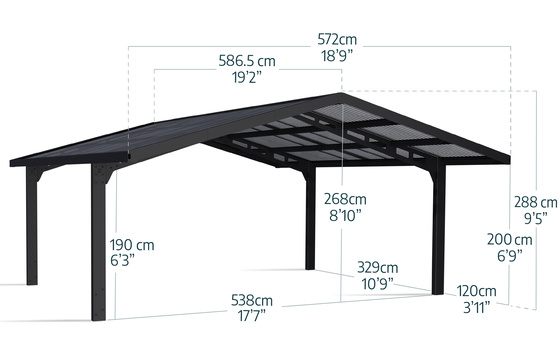 Sydney Cantilever Wave Double Apex Style Carport Dimensions