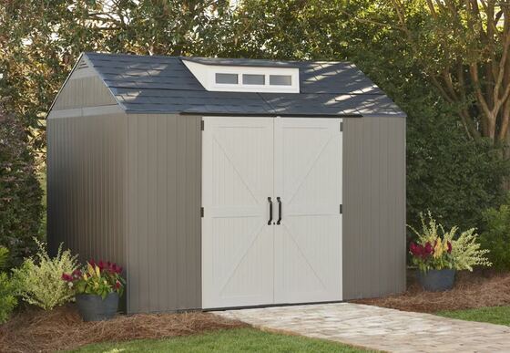Rubbermaid 7x10.5 Resin Storage Shed - Perfectly Assembled in a backyard