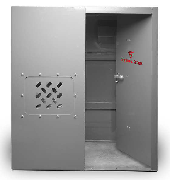 Locking bench seat stores emergency supplies and valuables while adding safe-room functionality.