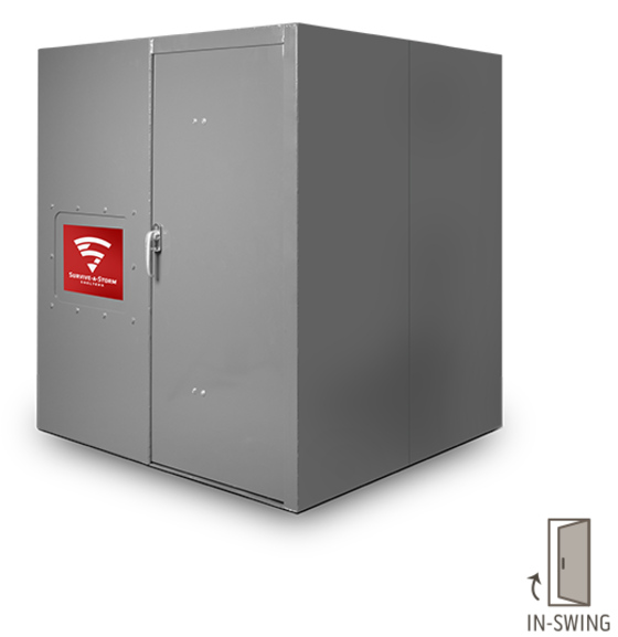 Above-ground steel storm shelter with reinforced protection, locking bench, and removable escape hatch for safety.
