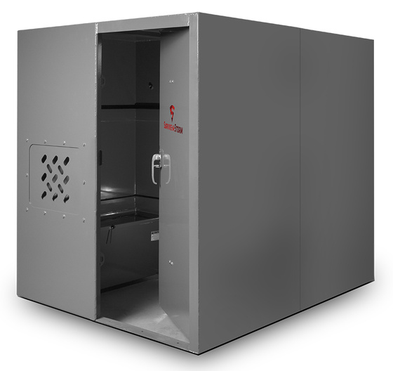 Locking bench seat stores emergency supplies and valuables while adding safe-room functionality.