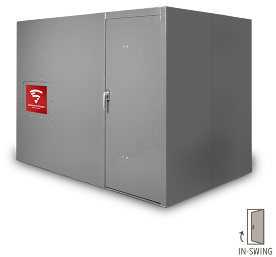 Above-ground steel storm shelter with reinforced protection, locking bench, and removable escape hatch for safety.