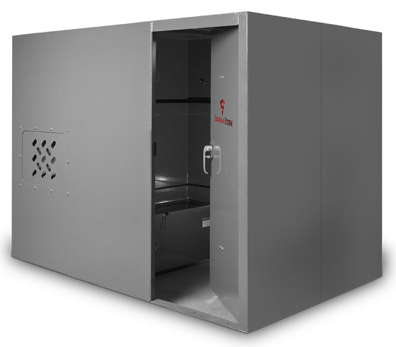 Locking bench seat stores emergency supplies and valuables while adding safe-room functionality.