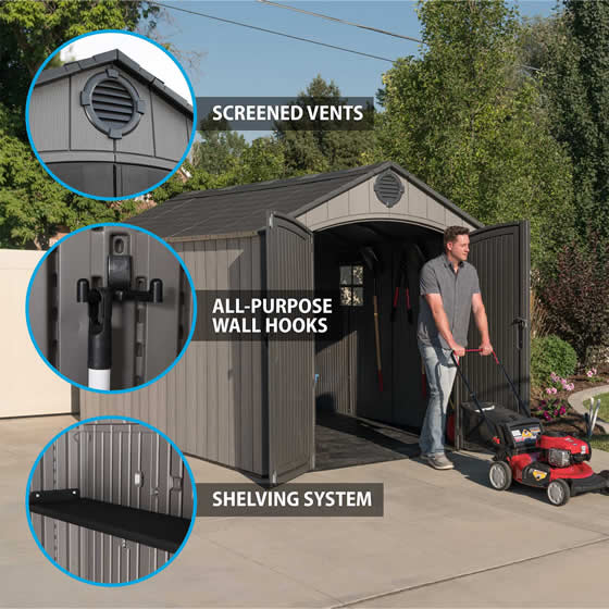 Lifetime 8x12.5 Shed Screened Vents and Shelving System
