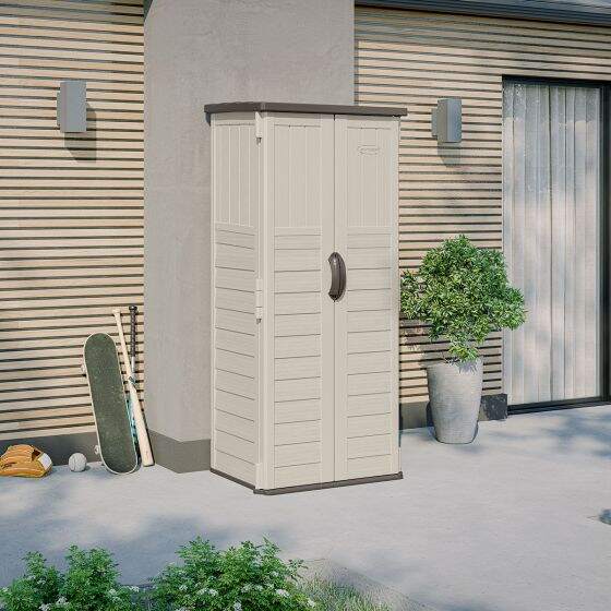 Compact tall space-saving shed with 22 cu. ft. storage for tools and garden supplies.