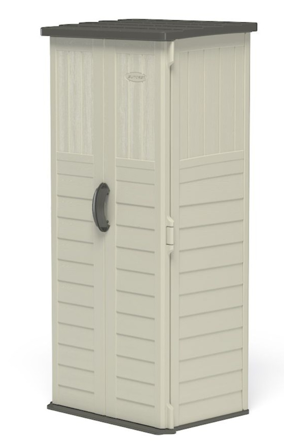 Suncast Vertical Storage Shed offers durable multi-wall resin construction.