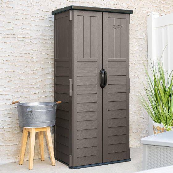 Compact tall space-saving shed with 22 cu. ft. storage for tools and garden supplies.
