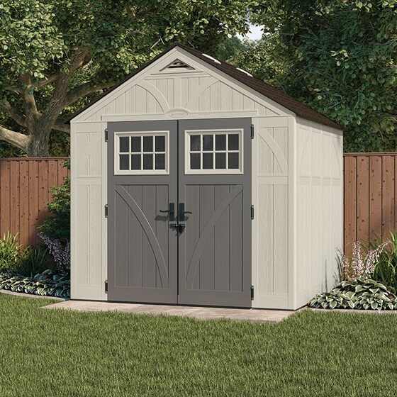 Spacious 378 cu. ft. shed with durable, metal-reinforced multi-wall resin construction for storage.