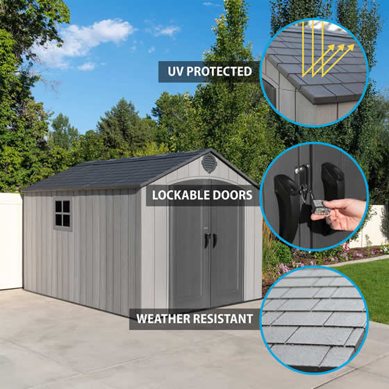Lifetime 8x12.5 Rough Cut Shed Is UV Protected and has Pad Lockable Doors