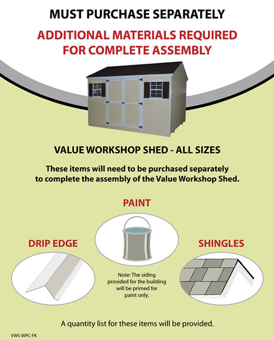 The Value Workshop Shed Kit requires paint, drip edge and shingles purchased separately