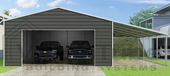 VersaTube 24x24x10 Frontier Garage Kit w/ Lean-To - Shown in White Roof and Trim with Charcoal Siding