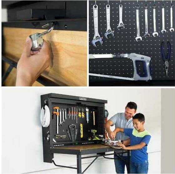 Lifetime Wall-Mounted Folding Work Table - Tool Storage Hooks