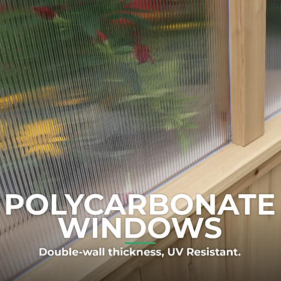 This greenhouse includes robust and durable double-wall polycarbonate windows