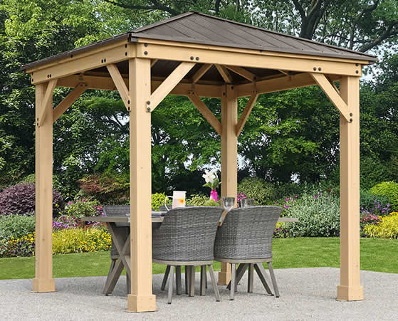 Yardistry 8x8 Meridian Cedar Gazebo Kit assembled backyard