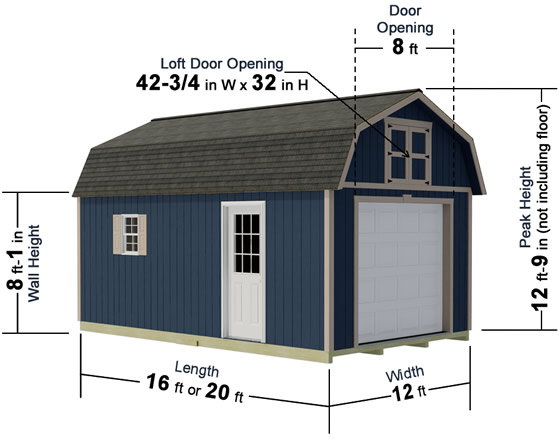 Tahoe 12x16 Wood Shed Kit Measurements Diagram